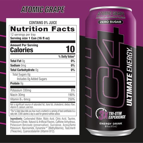 Image of C4 Ultimate Zero Sugar Energy Drink, Tri-Stim Experience with 300mg Caffeine + TeaCrine + Dynamine, Atomic Grape, 16oz (Pack of 12)