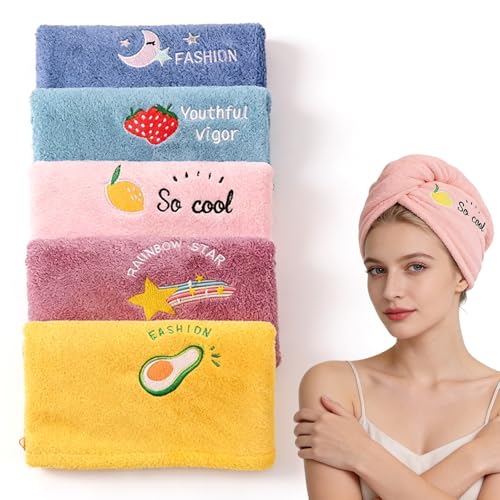 YDAKGUEY Mikrofaser Handtuch Haare 5 Stück Turban Handtuch mit Knopf Haarturban Haarhandtuch für Lange Kurze Locken Gerade Haare (5 Farbe)