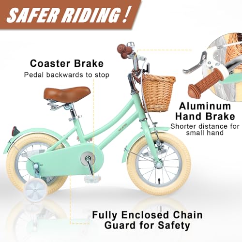Image of Glerc Little Molly 12-20 Inch Kids Retro Cruiser Bike for 2-13 Year Old with Wicker Basket & Training Wheels /Kickstand, Multiple Colors