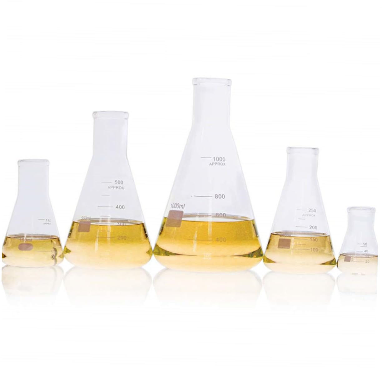 ULTECHNOVO Matraz Erlenmeyer Cónico de Vidrio 5 Piezas, Fondo Plano | Borosilicato Alto, Cuello Ancho y Graduaciones Estándar, Capacidades 50ml a 1000ml, Uso en Investigación