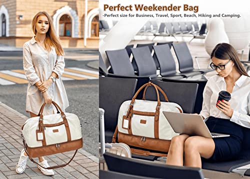 Wogarl Weekender Bags For Women Large Canvas Overnight Bag Travel Duffel Bags Carry On Shoulder Weekend Bag Tote With Shoe Compartment For Travel Night Flight Daily Use (Beige) #TOP1