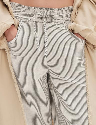 Women's Striped Barrel Pants Drawstring Waist Wide Leg Trousers Pockets Casual Comfort for Office Lounge Travel(Ivory-M)3