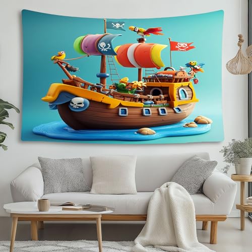 LCHMQ Comic Piratenschiff Tapisserie Maritim Totenkopf Wandbehang Tapisserie Halloween Deko Wandteppich Schlafzimmer Strandtuch Picknickdecke 200x150cm