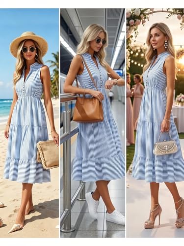 Image of BROVAVE Womens 2026 Summer Sleeveless Shirt Dress Collar Striped V Neck Casual Midi Dresses