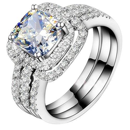 THREE MAN White Gold Plated 2CT Cushion Engagement Ring Wedding Bands NSCD Simulated Diamond Rings Set Women2