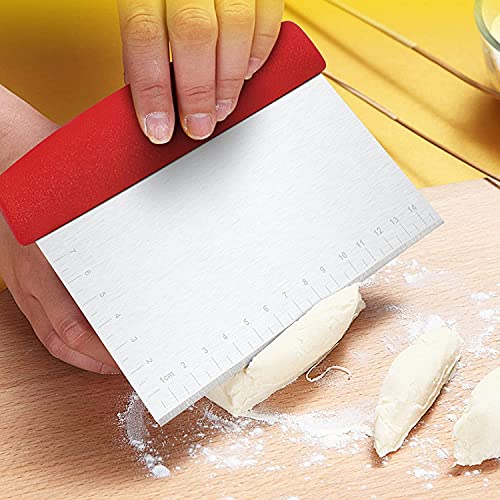 Image of YANCI Stainless Steel Dough Cutter Scraper with Handle, Multipurpose Large Metal Pastry Baking Chopper for Kitchen Pizza Bread Pastry Cutter Scraping Tool with Measuring Scale (Red)