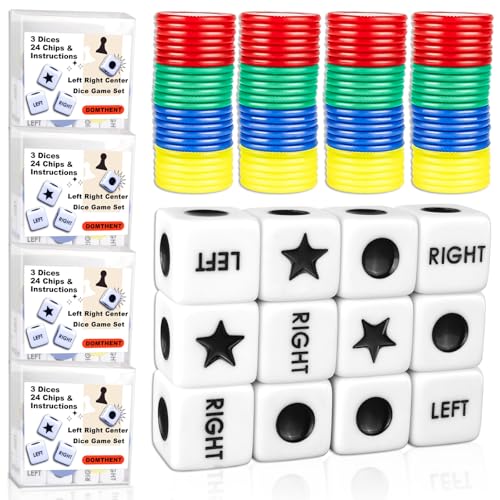 Left Right Center Dice Game Set - 4 Pack with 3 Dice, 24 Chips, a...
