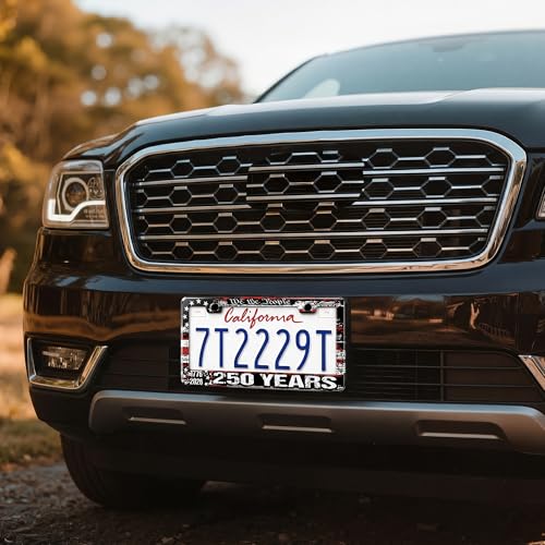 Image of American Flag License Plate Frame 2 Pack Patriotic Plate Holder | Universal Aluminum Car License Plate Cover with Screws for Women Men