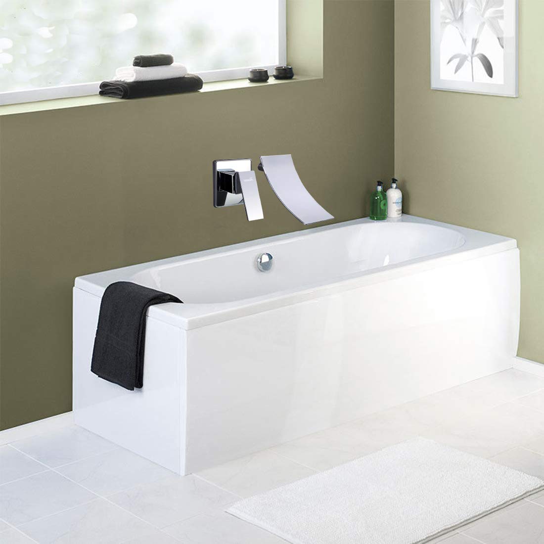 PHASAT Grifo Lavabo Pared Moderno Grifo Cascada Bañera Baño Monomando Agua fría y Agua Caliente JH088