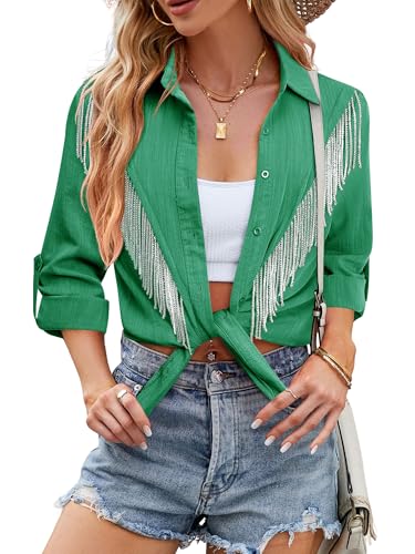 Image of MYMORE Womens Sparkly Fringe Shirt Western Cowgirl Country Concert Outfit