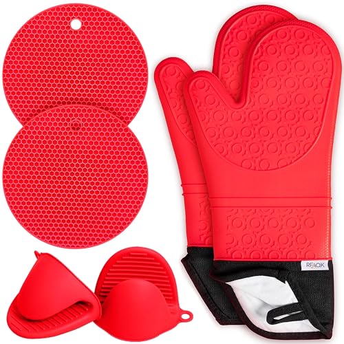 RFAQK Oven Mitts and Pot Holders Sets- Extra Long Silicone Oven Mitts, Oven Mitts Heat Resistant with Quilted Soft Liner and Mini Oven Mittens Sets for Kitchen, Baking, Grill and BBQ (Red)