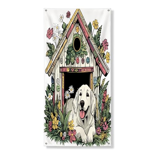 Cubierta de puerta exterior de perro de los Grandes Pirineos de primavera de 36 x 72 pulgadas, divertida perrera de flores, decoración de puerta delantera, puerta trasera, decoración de entrada