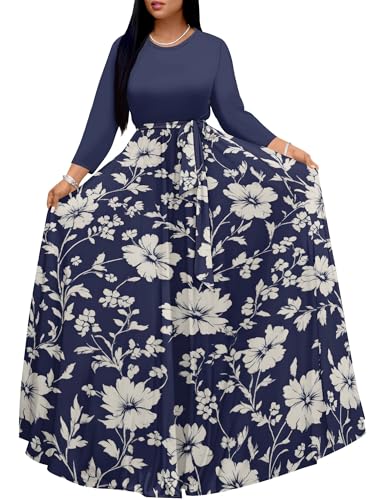 Image of PinkPatty Women's Long Sleeve Maxi Dress Plus Size Trendy Wedding Guest Wrap Dress with Pockets&Belt