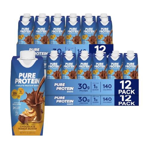 Pure Protein Complete Shake, Chocolate Peanut Butter, 30g High Protein-Drink, Less than 1g Sugar, 3g Fiber, Ready to Drink, Non GMO, On-the-Go Shakes, 11oz Bottles, (Pack of 24)