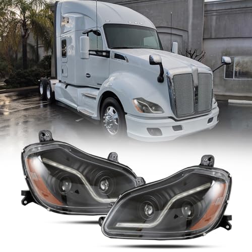 XSMDAUTO Pair Headlights Assembly for Kenworth T680 2013-2021 LED Projector Headlamps Replacement Left Driver and Right Passenger Black