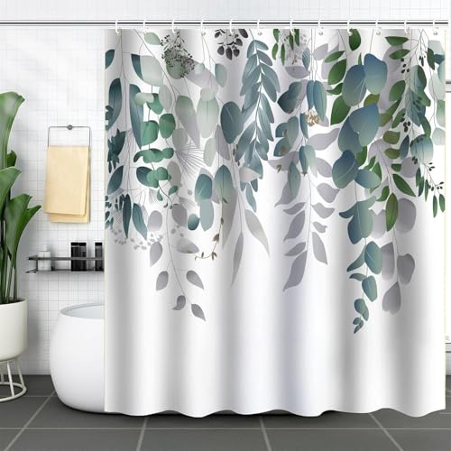 Cortina de Ducha 120 x 200 cm Hojas de Eucalipto Cortina Ducha Antimoho Planta Cortinas Baño Tela Impermeable Poliester Secado Rápido Lavable con 8 Ganchos Y822