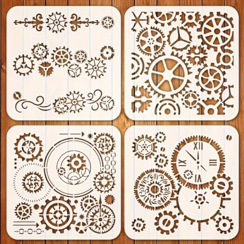 Baychendoo 4-Pack Vintage Clock & Gear Stencils, 7.87x7.87 Inch Reusable PET Templates, Steampunk Mechanical Cog Wheel Pattern for Crafts on Wood Wall Fabric, Royal Icing Sugar Cookie Decor