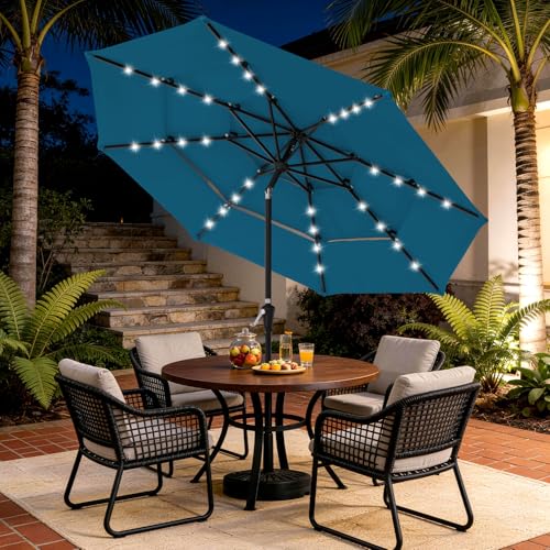 Image of JEAREY 3 Tiers Patio Umbrella with Solar Lights 9ft Outdoor Market Table Umbrellas with Push Button Tilt for Outside Pool Garden, Lake Blue