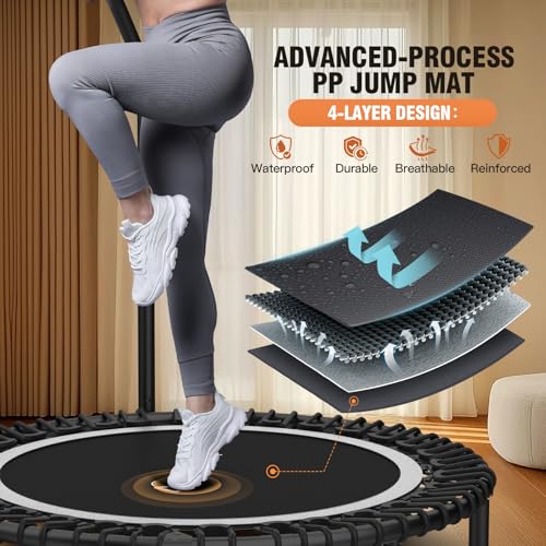 Image of ANCHEER 40 inch /48 inch Foldable Mini Trampoline,Max Load 450lbs /550lbs Indoor Trampoline,with 4 Level Adjustable Foam Handle and Resistance Bands,Adult Exercise Trampoline for Home, Garden, and Gym