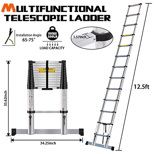 ZeeDix 12.5 FT Multi-Purpose Aluminum Telescoping Ladder- Upgrade One Button Retraction Safety Home Foldable Durable Stair for RV, Truck, Trailer, Ceiling, Roof Working, 330 lbs Capacity