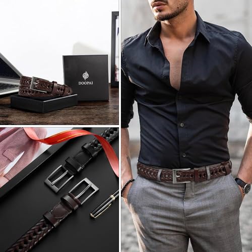 Image of DOOPAI Men's Braided Leather Dress Belt, Adjustable | Hand-woven genuine leather, 1 /4-inch adjustment and durable single-prong buckle for dress, casual, golf, jeans and daily wear