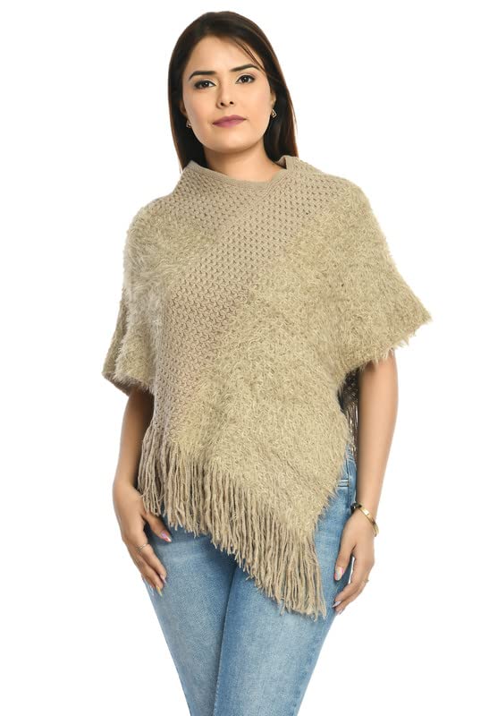 MANRA Women Woolen V-Neck Solid Fur Based Cape Coat Poncho for Winter Wear (SC 23)-picture-11