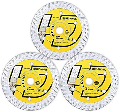 HIGHDRIL Tile Diamond Blade,3PCS 3In/75mm x Arbor 3/8Inch/10mm for Ceramic,Hard Porcelain,Glazed Tiles Marble Dry Cutting disc 3 Inch