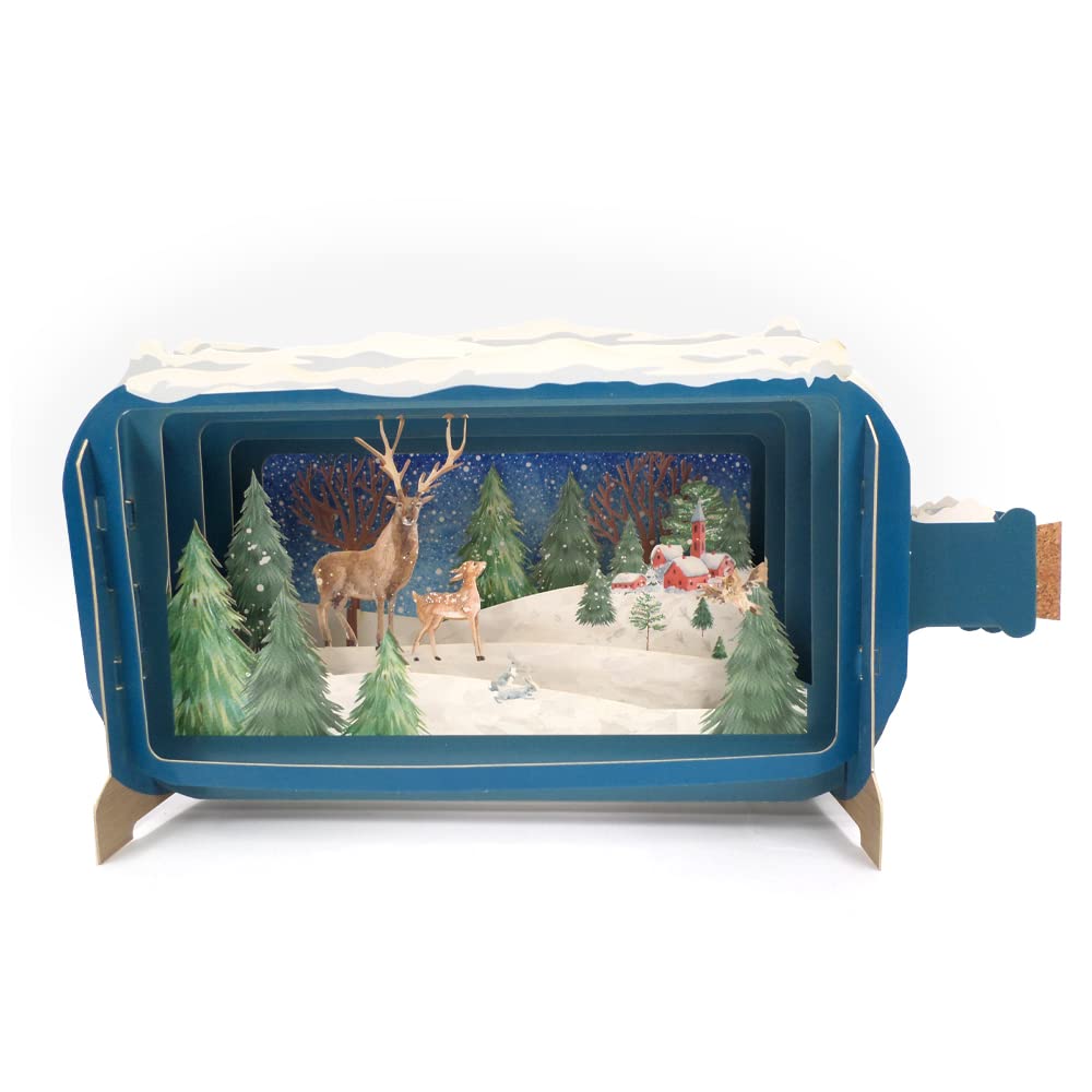 Message In A Bottle Christmas Reindeers Pop Up Christmas Card By Alljoy Cards XMIB059, Red and Green, 24cm x 15cm