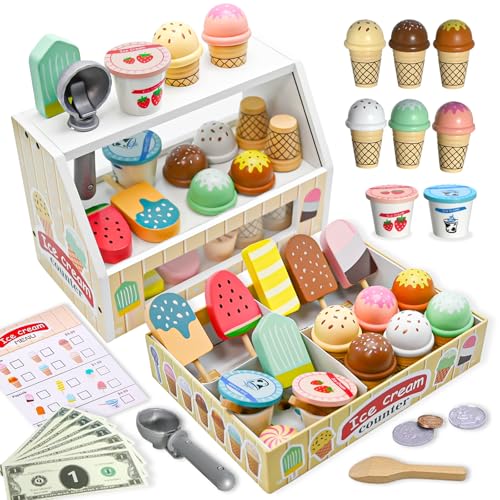 Juego de heladería de madera, juguete para helados con dinero de juego y menú, tienda de juegos de rol para niños a partir de 3 años