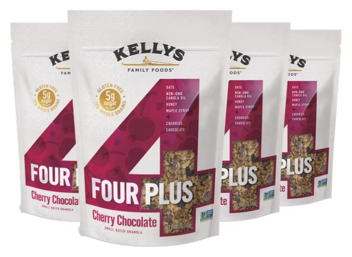 Image of Kellys Four Plus Granola Cereal | Cherry Chocolate Healthy Granola for Yogurt | Hand Made Snacks for Breakfast - 12 oz (Pack of 4)