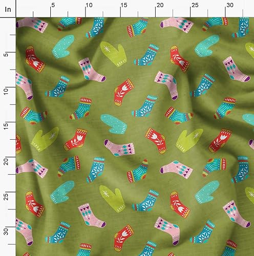 Image of Soimoi Green Polyester Crepe Fabric Socks & Gloves Folk Art Printed Craft Fabric by the Meter 42 Inch Wide
