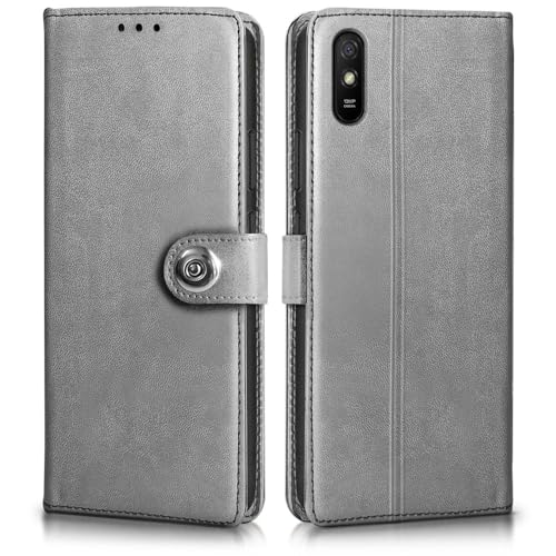 Image of WOW IMAGINE Shock Proof Flip Cover Back Case for Xiaomi Mi Redmi 9A | 9i | 9A Sport (Magnetic Button Flip Case | Wallet Pockets & Stand | Leather Finish | Stone Grey)