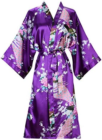 ELLENWELL Women's Kimono Robe Peacock & Blossoms Satin Nightwear Long(Larage,Purple)