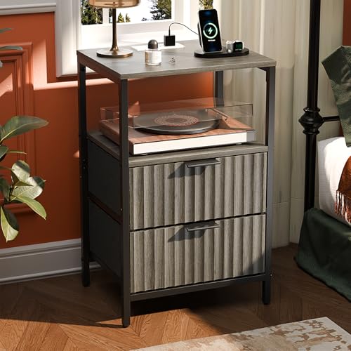 VINGLI Grey Night Stand with Charging Station and Fabric Drawers,