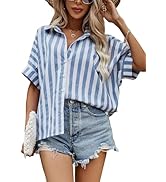 Verdusa Women's Half Sleeve Striped Loose Button Down Blouse Shirt Top