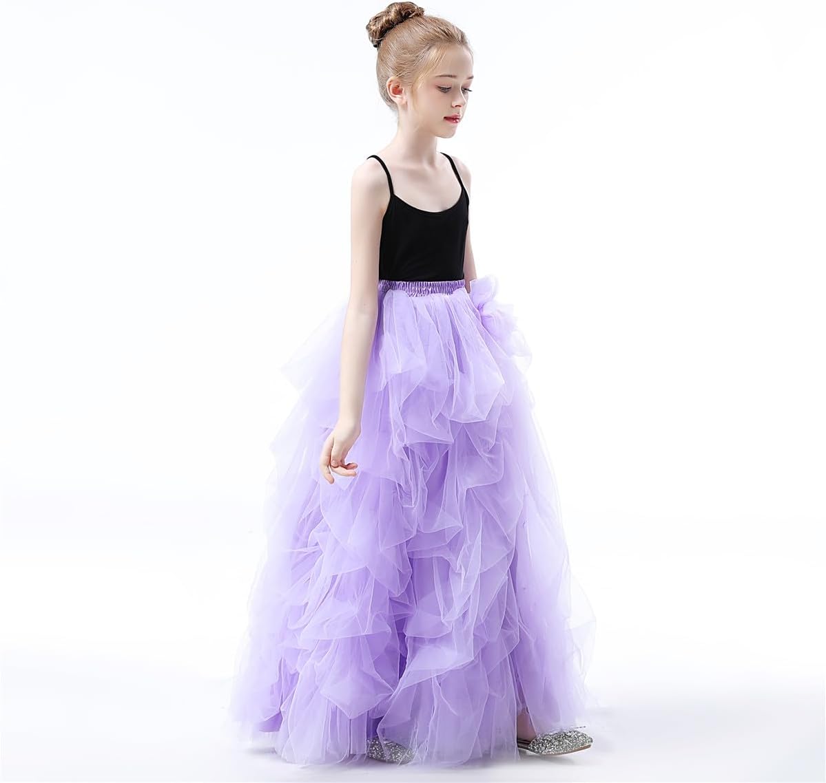 Qmker Girls Long Tutu Skirts Princess Slit Dress Candy Color Tulle Maxi Floor Length for Birthdany Party Handmade (4, Light Purple)