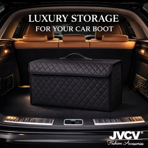 Image of JVCV PU Leather Car Trunk Boot Organizer Bag Box, With Lid Anti Slip Car Accessories Organizer, Foldable, Waterproof Storage Box for Car, Suv, Sedan, Truck, Minivan (Large - PU Leather).