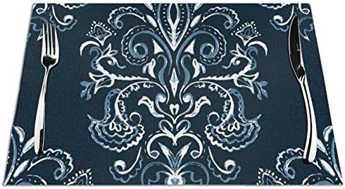 Damask Floral Placemats for Dining Table Royal White Floral Flower On Blue Placemats Classic Vintage Floral Flower Paisley Moroccan Damask Table Mats Heat-Resistant for Christmas Decoration
