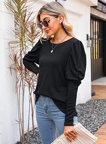 DOROSE Womens Puff Long Sleeve Crewneck Cable Knit Casual Loose Pullover Sweater Tops2