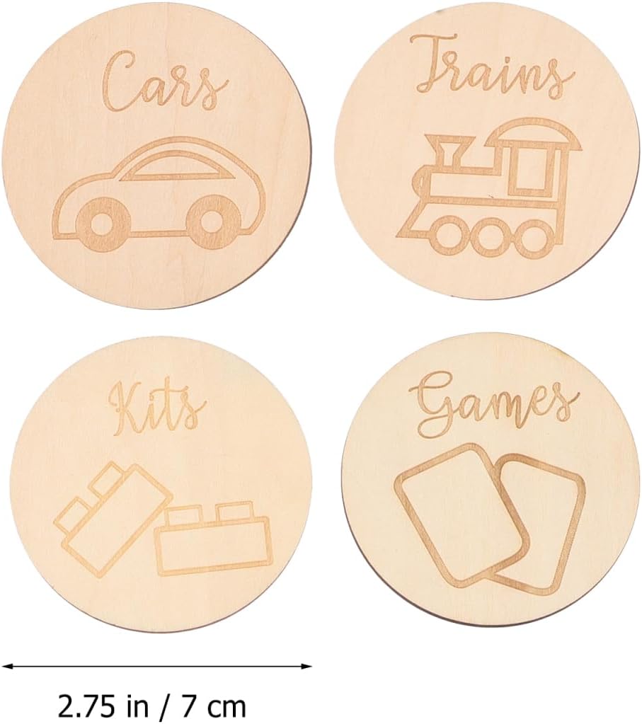 MAGICLULU Wooden Round Tags 16 Pcs 2.75 Inch Toy Box Labels with Pictures for Kids Storage Nursery Playroom Organization and Toy Chest