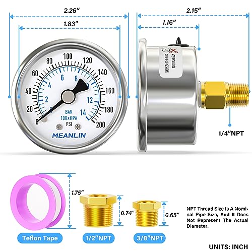 meanlin measure 0200psi dry pressure gauge stainless steel 1434 npt 234 face dial waterproof for air compressor air regulator water filter center back mount with 1234 npt and 3834 npt hex bushing