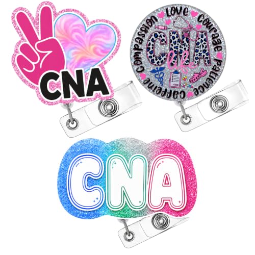 3PC Cute Glitter CNA Badge Reels Set Retractable Badge Holder Alligator Clip for Certified Nursing Assistant Nurse Physician ID Name Tag Lanyard Accessories Gifts for Women Medical Office Work Buddy