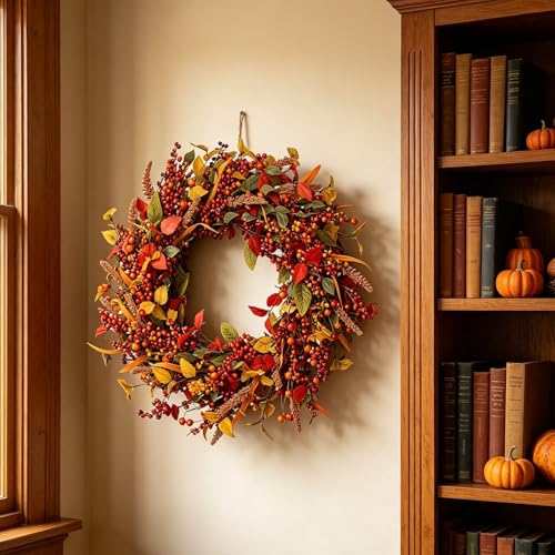 Wreaths for Front Door, 13 Inch Easy to Maintain Lightweight Versatile Realistic Red Berry Decorative Faux,Fade Resistant Weather Resistant Artificial Fall Wreath for Farmhouse Home Wall (Orange) - image 5