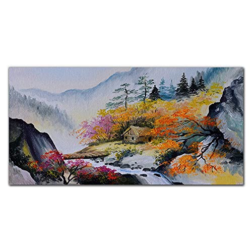 Tableau en verre acrylique 100x50cm panorama arbres de montagne et brouillard nature