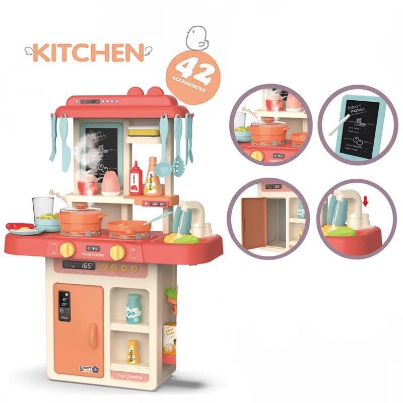 Image of BHUMLO 42 pcs Spraying Mist Kitchen Set with Lights, Sound, Sink, Water, steam Accessories Set with Light and Sound for Children