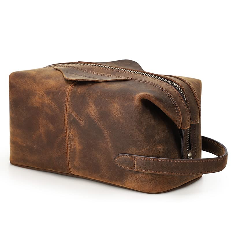 Contacts Unisex Genuine Leather Travel Toiletry Bags|Cosmetic Cases|Makeup Pouch|Vintage Travel Wash Storage Large Capacity Cosmetic Bag(Hunter Brown, W-14.5 CM, Free Size
