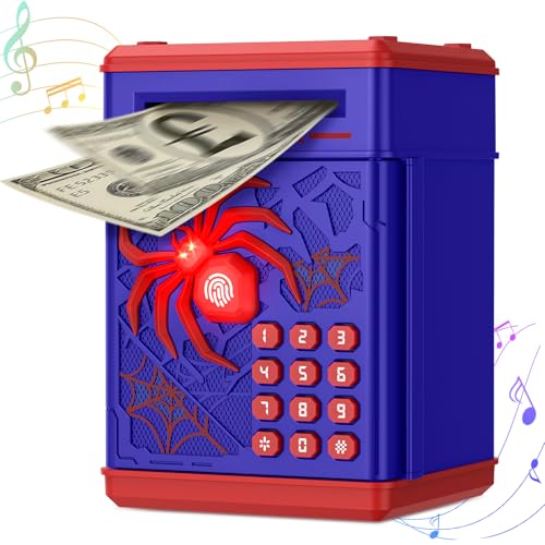 Spider Money Box Thedttoy ATM Piggy Bank with Simulated Fingerprint Digital PIN Money Saving Box with LED Light Money Safe for Kid Birthday Gifts for 3-12 Years Boys Girls-Blue