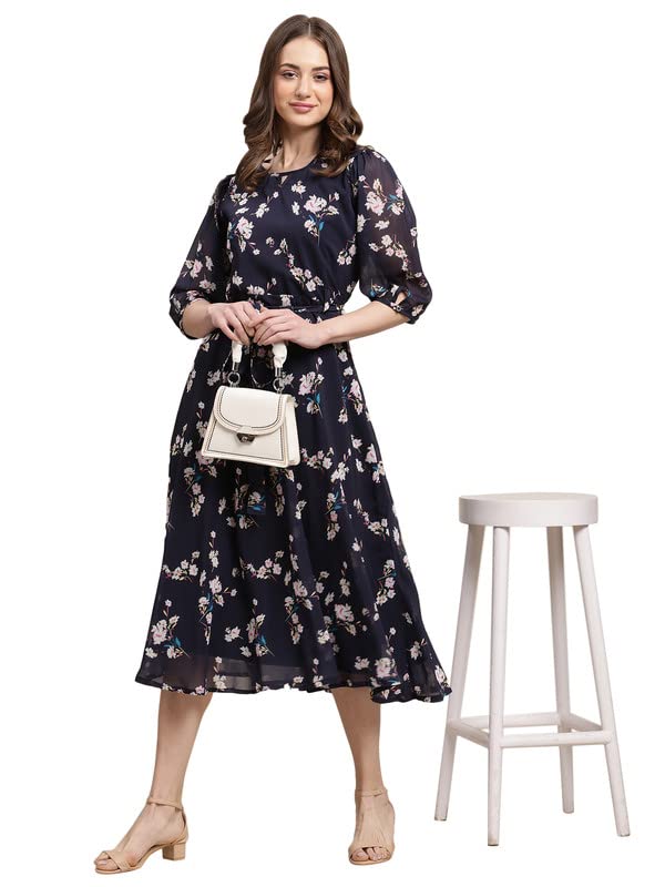 Preneum Women's Maxi Fit & Flare Latest Style Print Georgette Regular Sleeves Casual |Summer Festival & Occasion Maxi Gown,Dark Blue,S