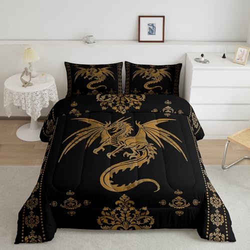 Image of Feelyou Dragon Bedding Set Kids Boys Teens Gothic Damask Paisley Floral Comforter Set Full Size Women Bohemian Exotic Duvet Insert Animal Theme Room Decor,Gold Black