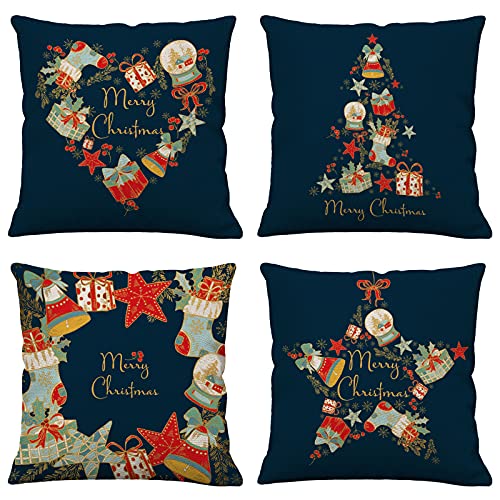 Merry Christmas Pillow Covers 16x16 Set of 4 Navy Blue Christmas Pillow Cases Linen Soft Christmas Decorative Pillow Covers Xmas Holiday Throw Pillow Covers Outdoor Couch Sofa Cushion Covers(16)